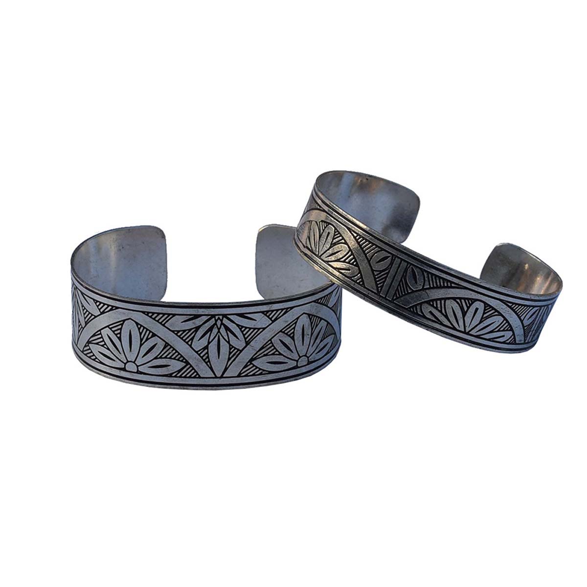Wholesale Cuff Bracelets – Set of 2 – Cast in Brass – Open-End Design – Engraved Floral Motifs – Black & Silver Color Finish – Wrist Jewelry 